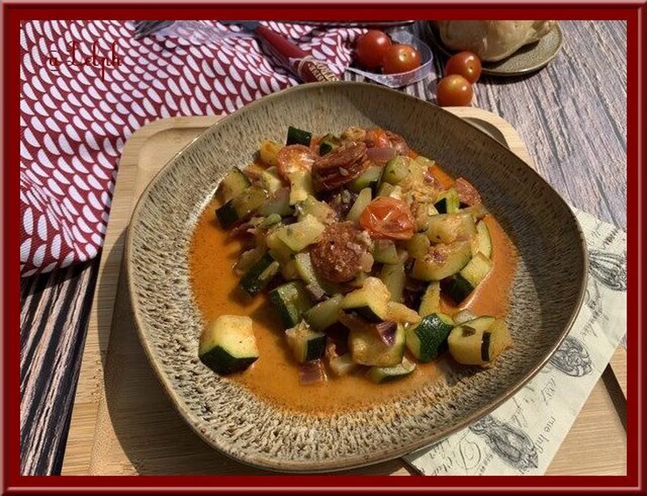 Poêlée courgettes, oignon rouge, chorizo et mozzarella