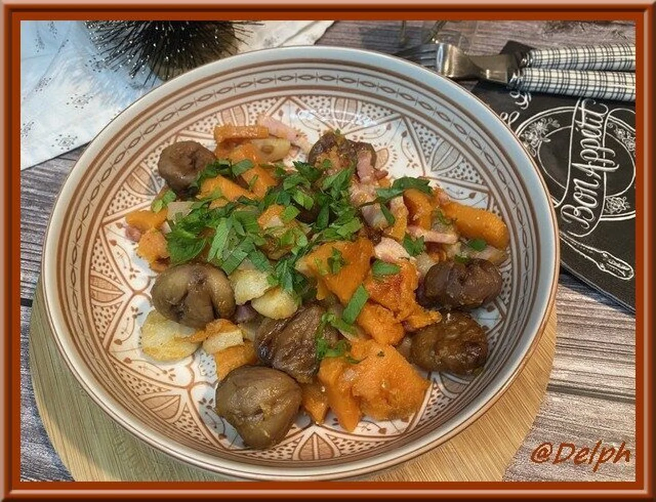 Poêlée patate douce, châtaignes, topinambours et lardons