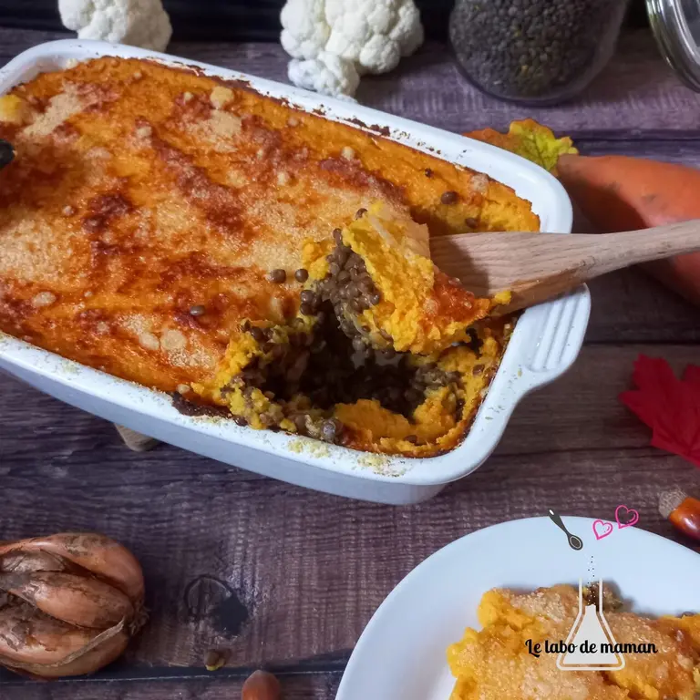 Parmentier patate douce, chou-fleur et lentilles