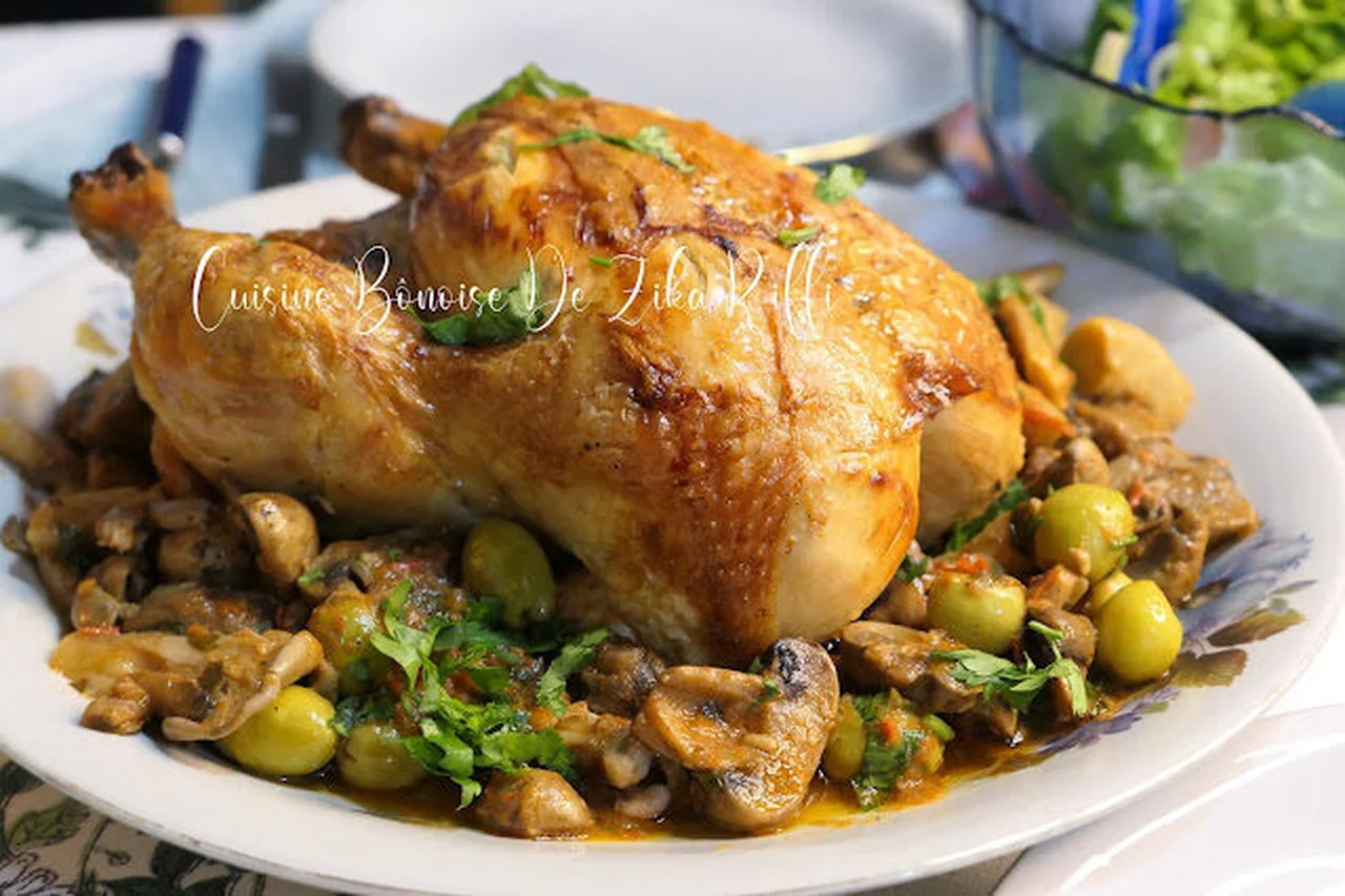 Poulet rôti farci au frick, champignons et olives
