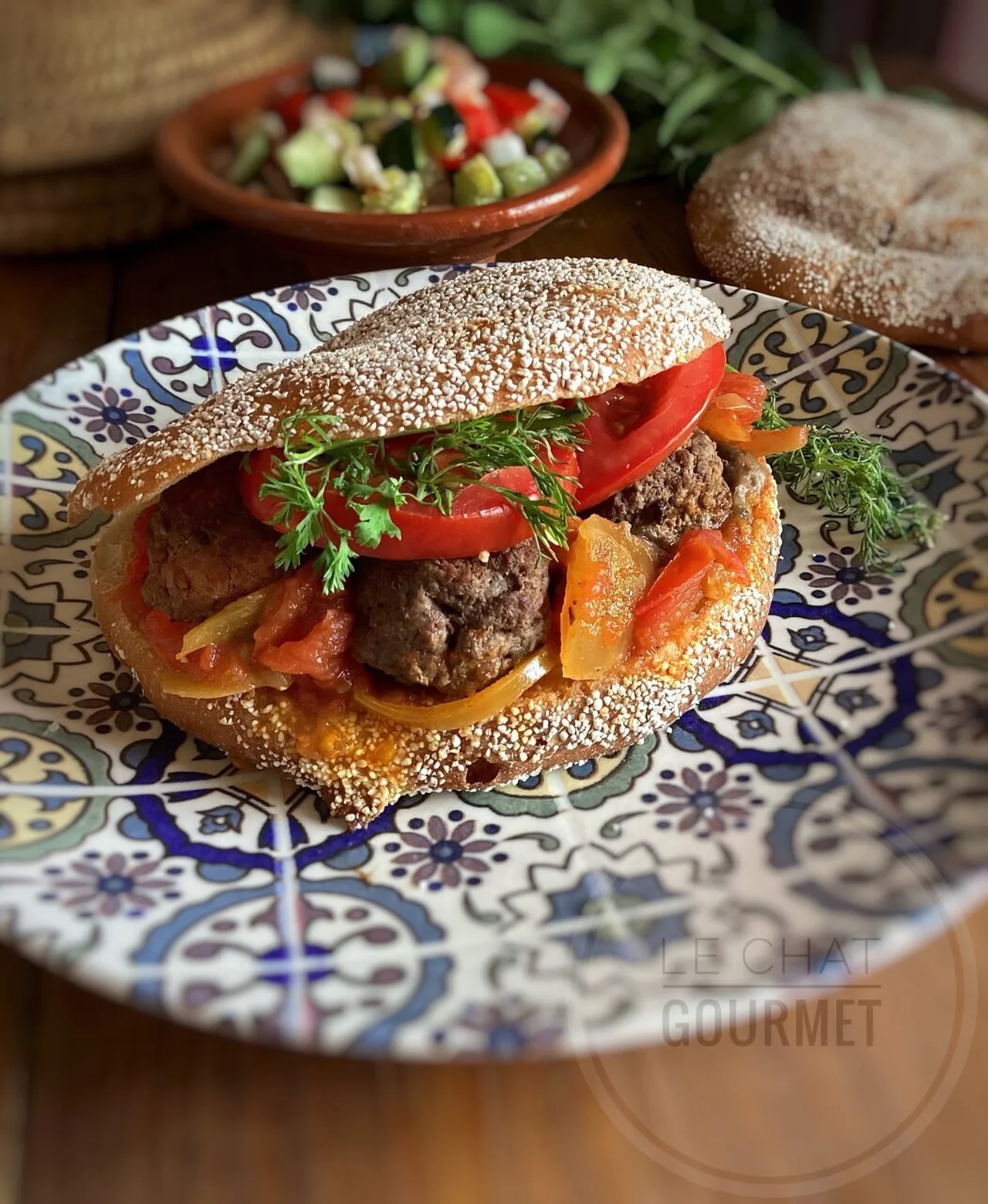 Burger oriental au pain d'orge et kefta