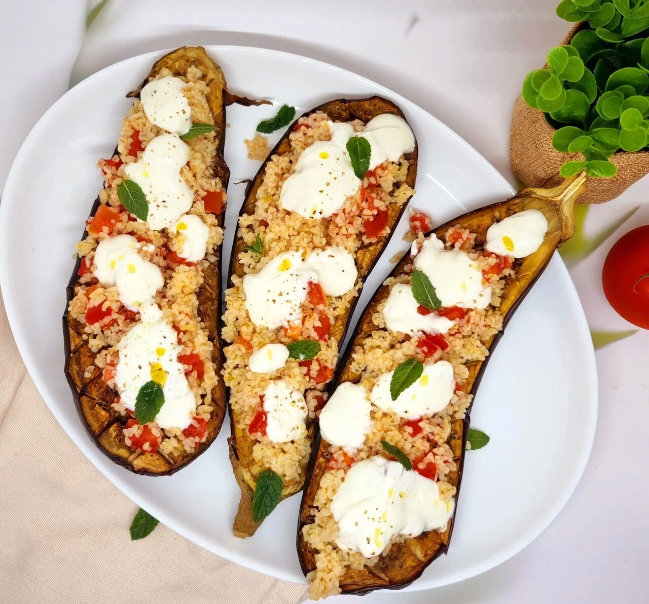 Aubergines farcies au boulgour