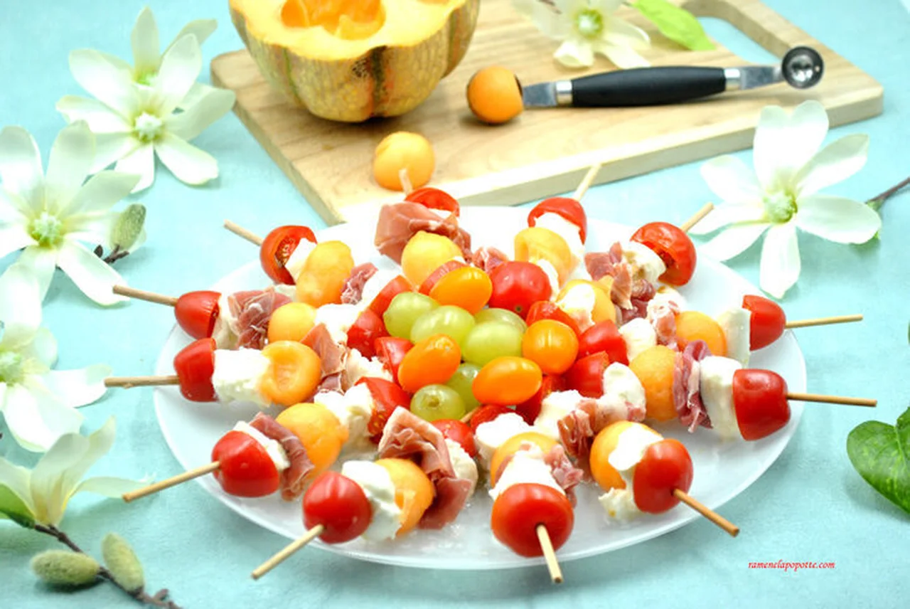 Brochettes melon, mozzarella et jambon de Parme