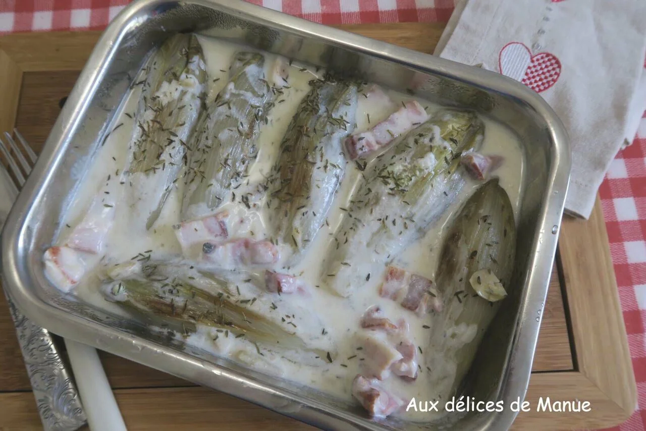 Gratin d'endives à la crème de parmesan infusée au lard