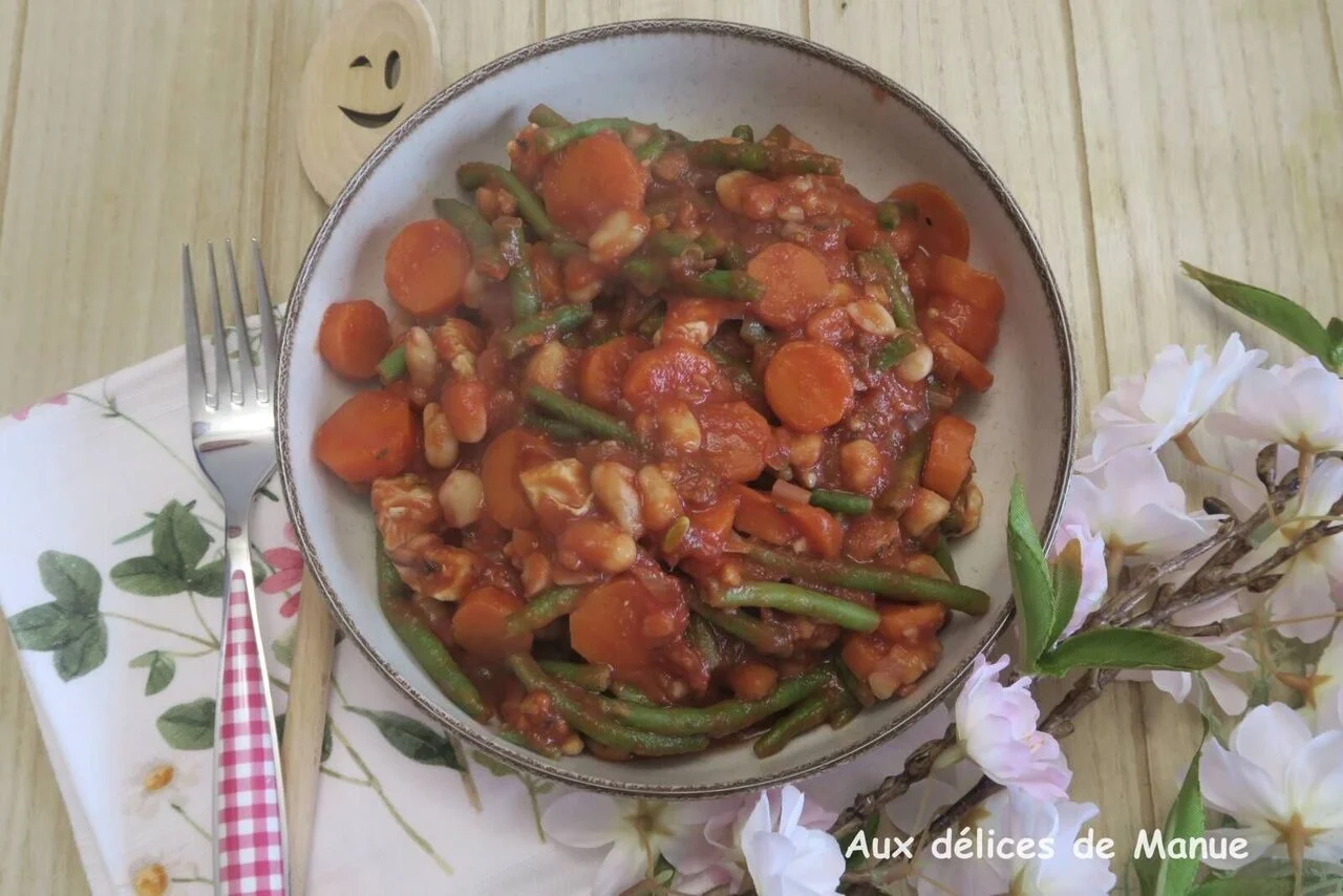 Haricots blancs et verts aux carottes et dinde, sauce cajun