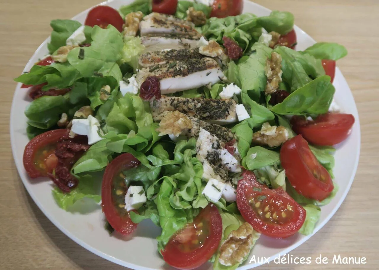 Salade au poulet, tomates, feta, cranberries et noix