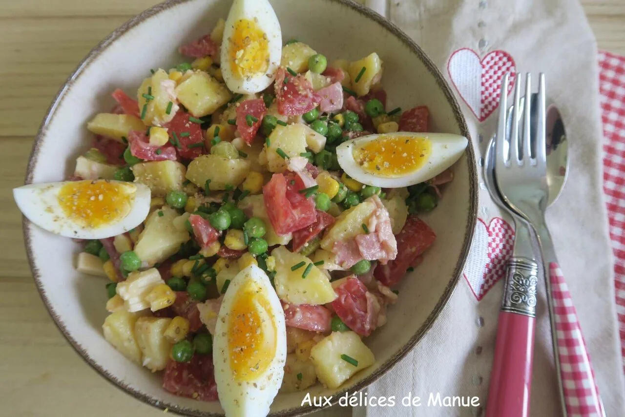 Salade de pommes de terre, poitrine fumée et œufs durs