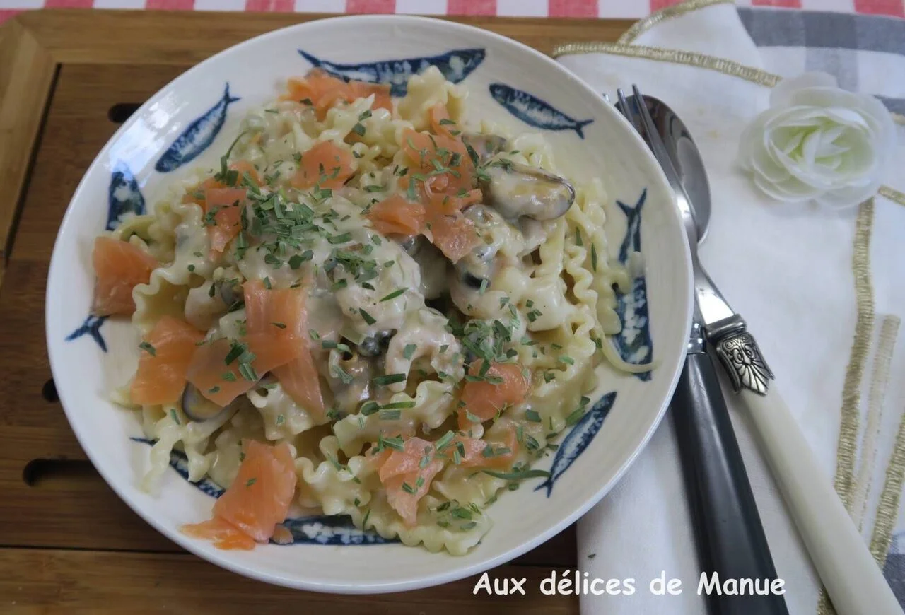 Pâtes aux fruits de mer et truite fumée