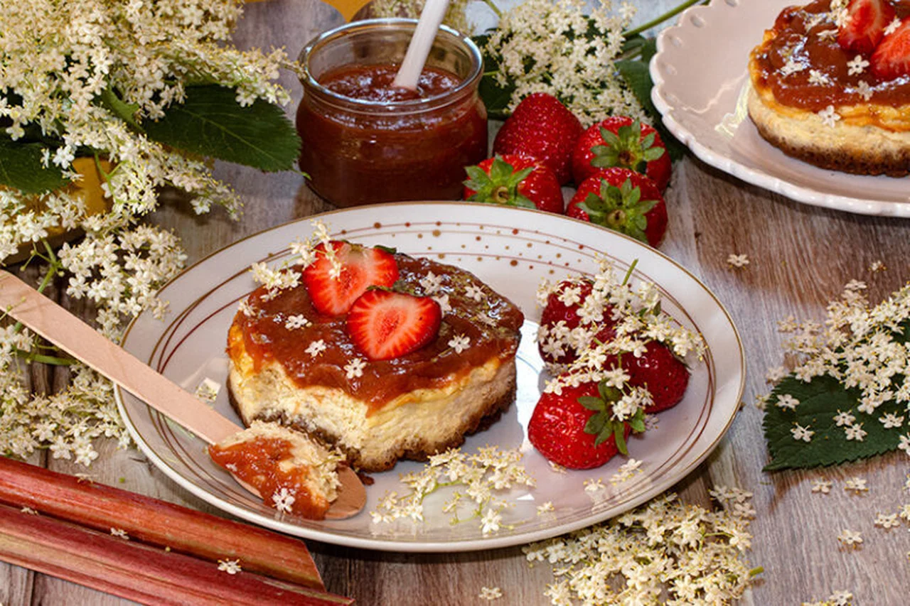 Cheesecake fleurs de sureau et coulis de rhubarbe