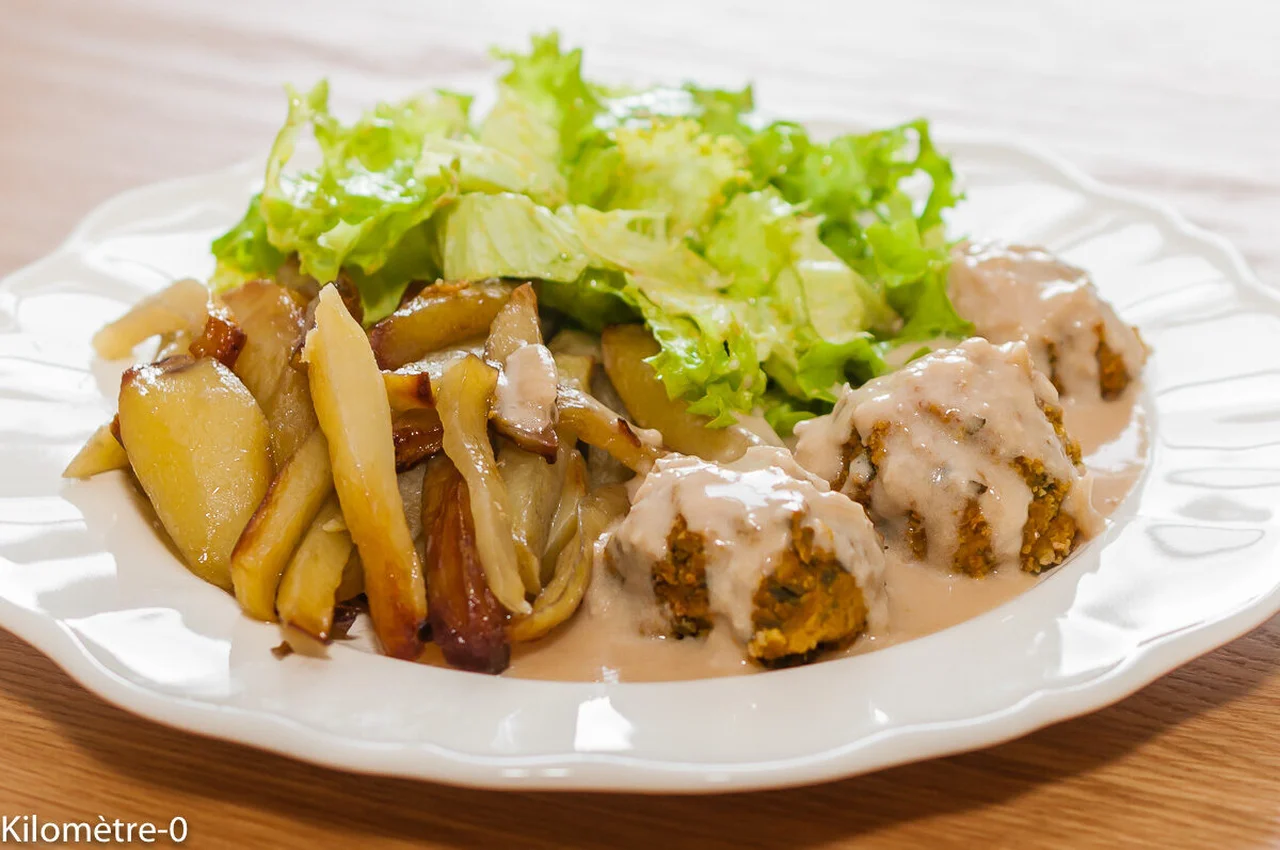 Boulettes végétariennes pois chiches patate douce, frites au four