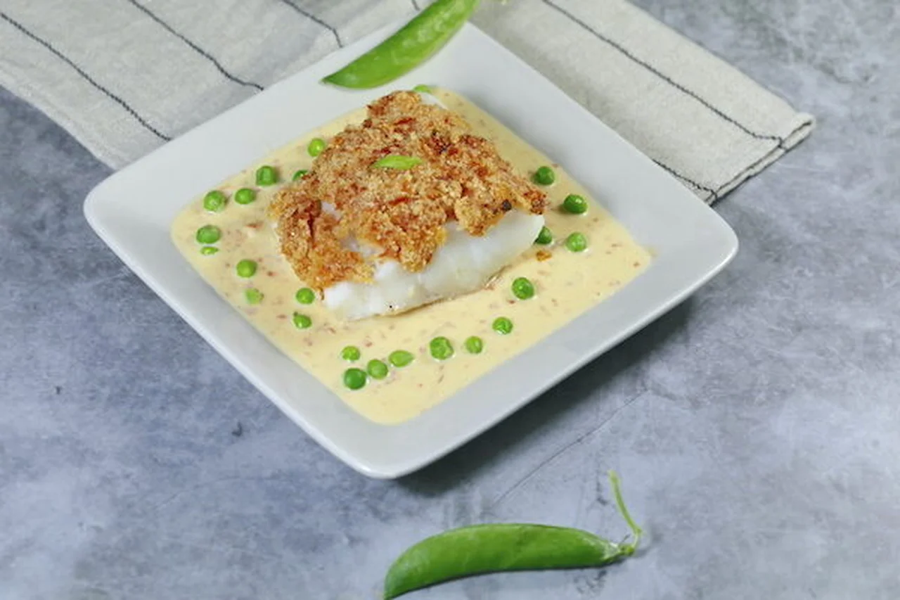 Cabillaud en crumble de chorizo et crème moutarde