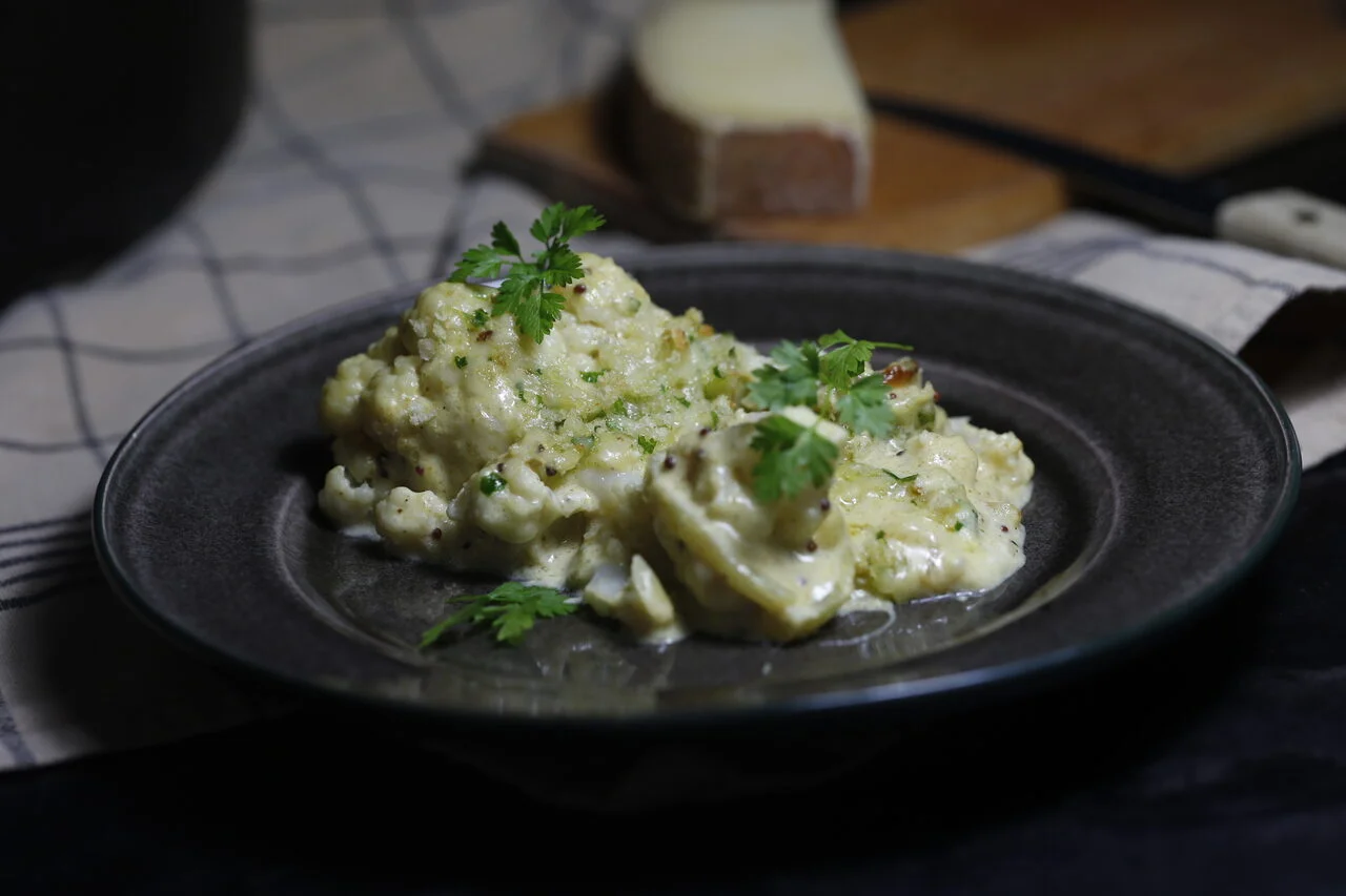 Chou-fleur gratiné crème de moutarde et épices
