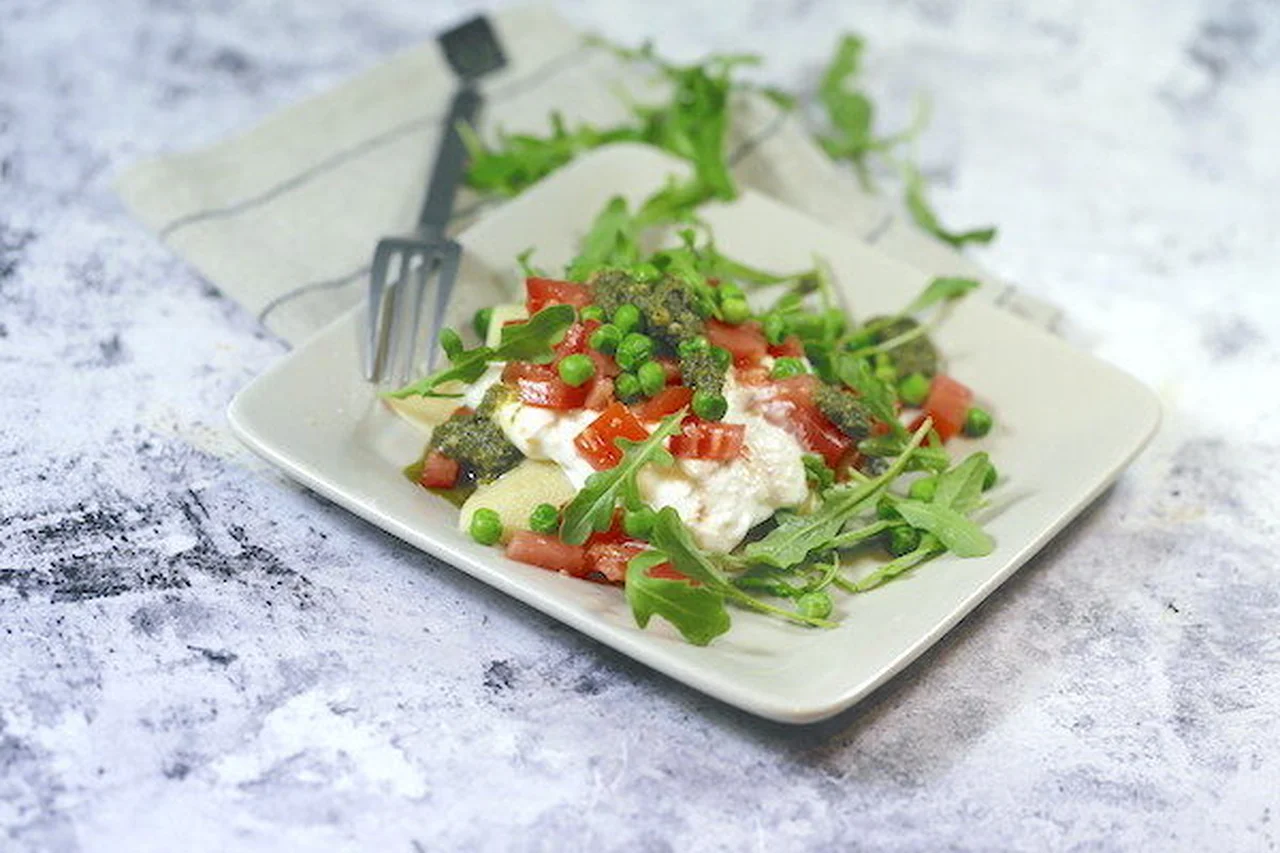 Lasagnes ouvertes tomates petits pois et burrata