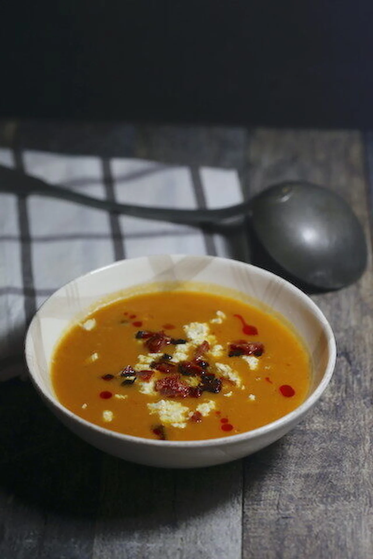 Soupe de potiron rôti au chorizo et féta