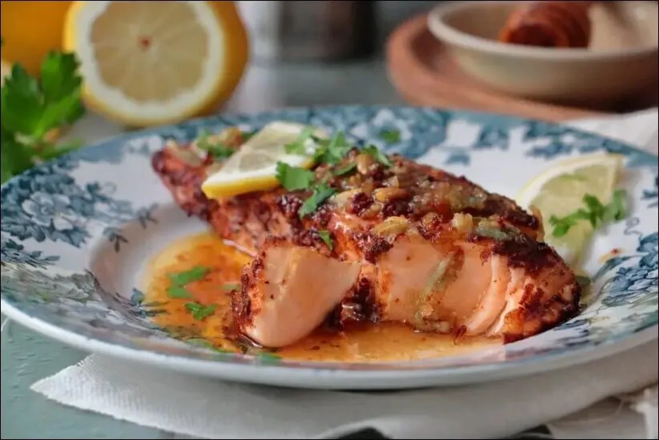 Saumon rôti à l'ail, miel et citron