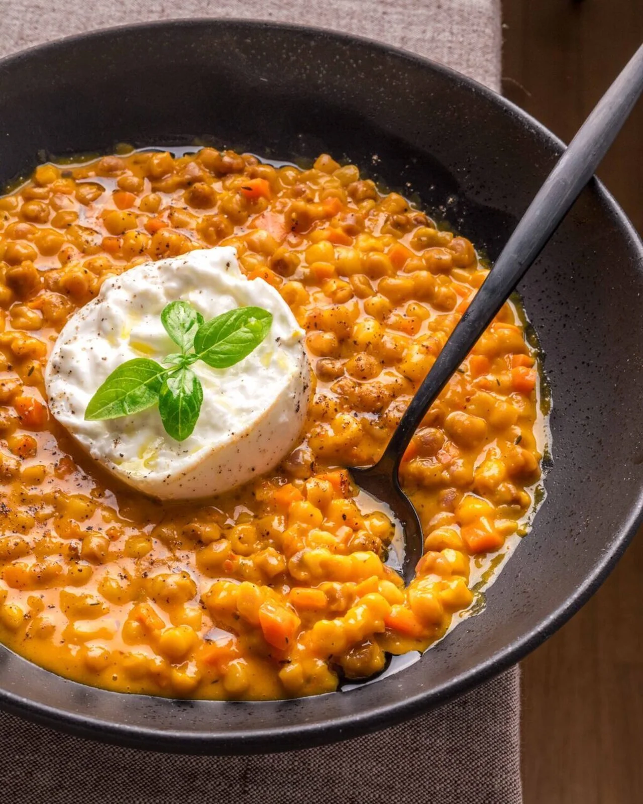 Risotto de fregola au potimarron et burrata