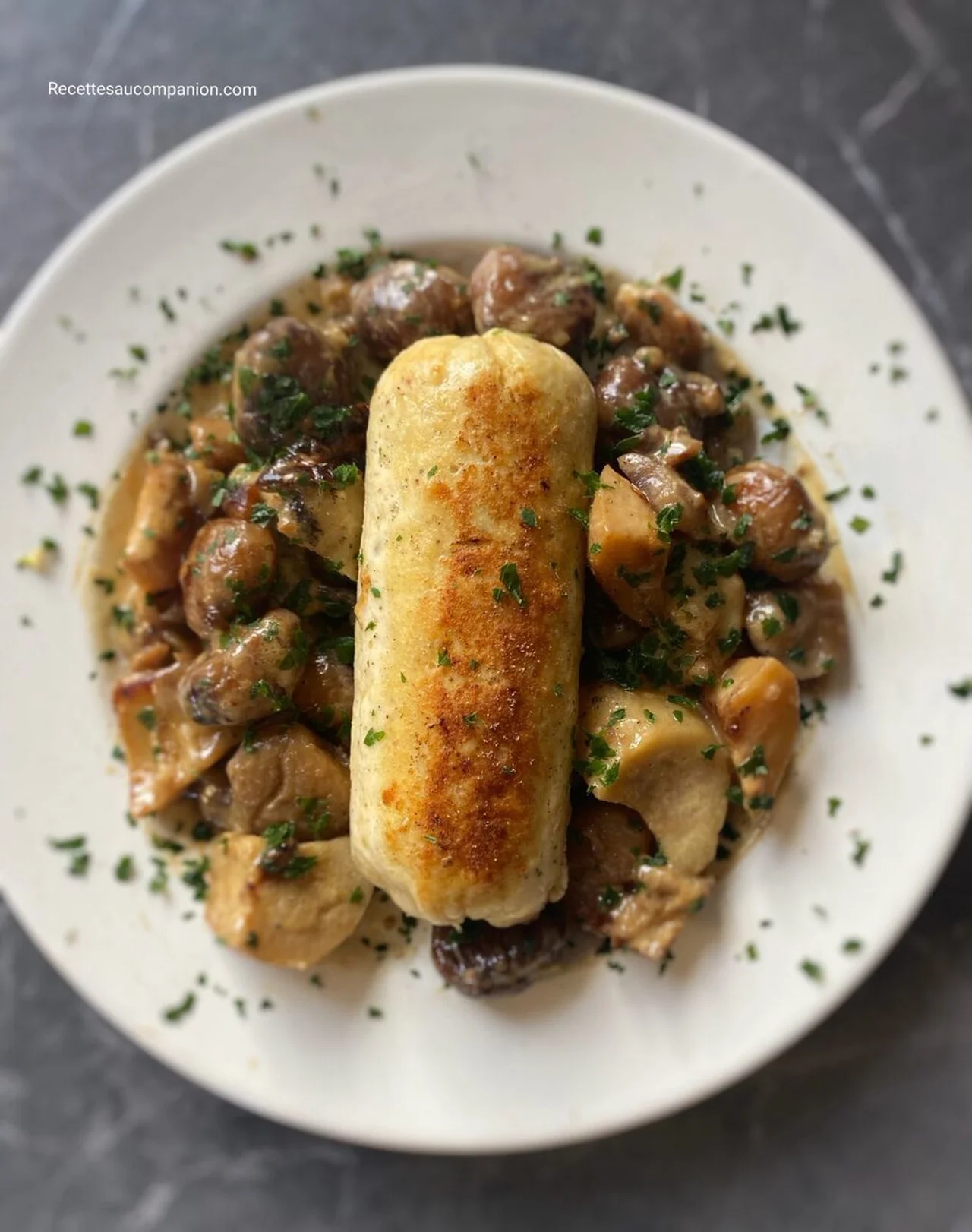 Boudin blanc au poulet sauce cèpes et marrons