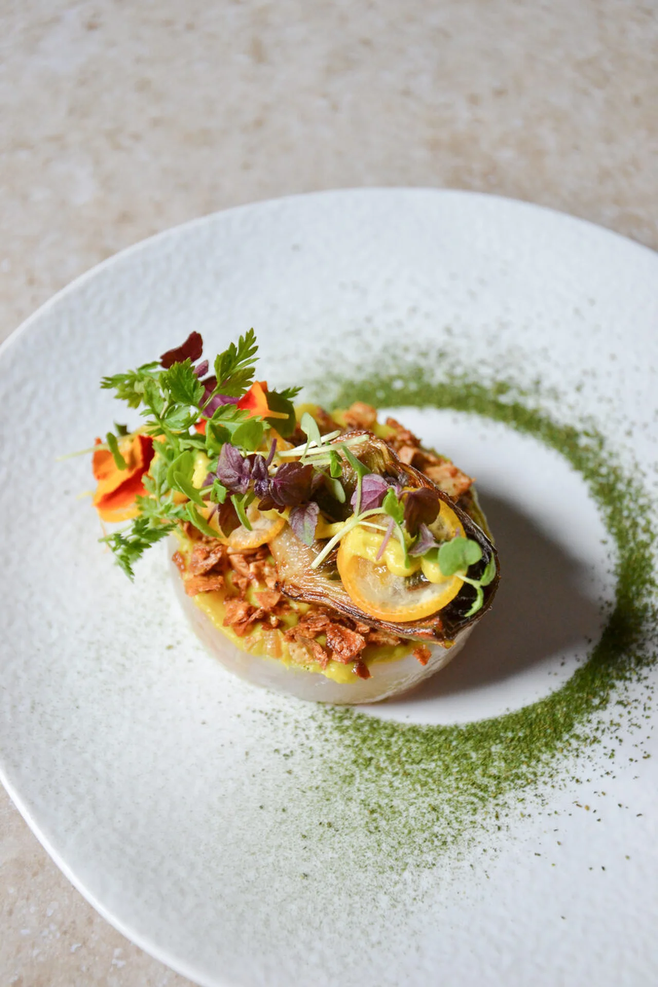 Lieu jaune, artichaut, kumquat, moelle de bœuf