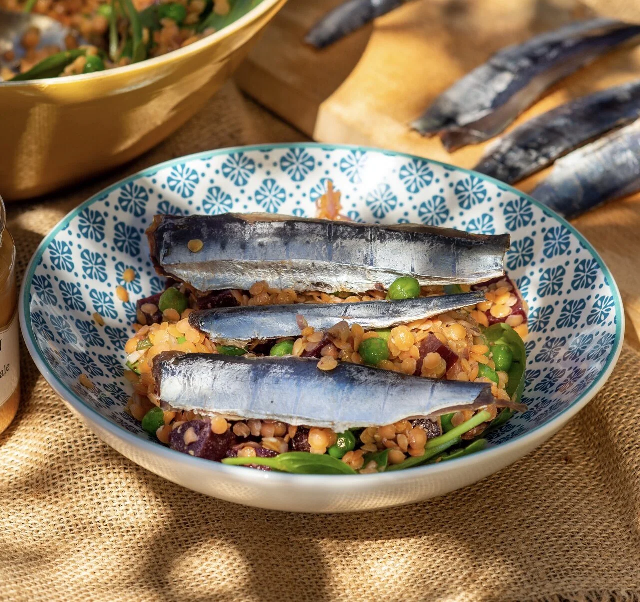 Salade lentilles corail, betteraves et sardines fumées