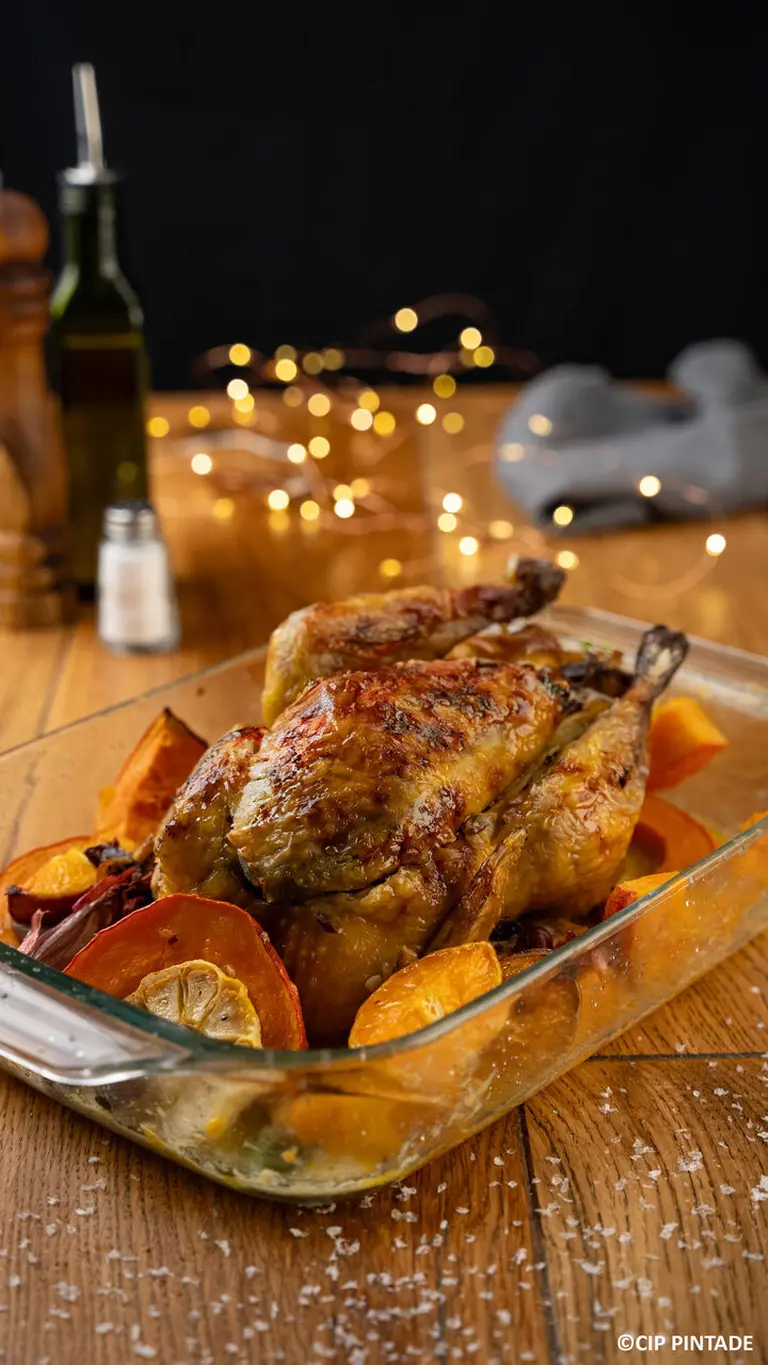 Pintade rôtie aux potimarrons, beurre de mandarine et magret fumé