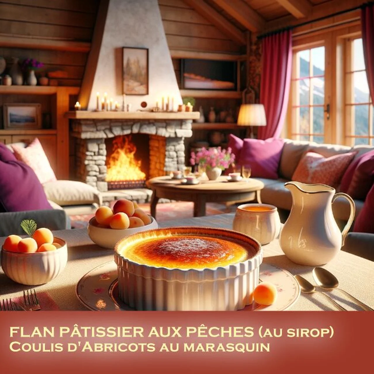 Flan pâtissier aux pêches et coulis d'abricots