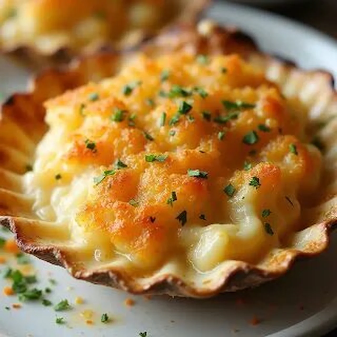 Moules crémeuses gratinées en coquille Saint-Jacques