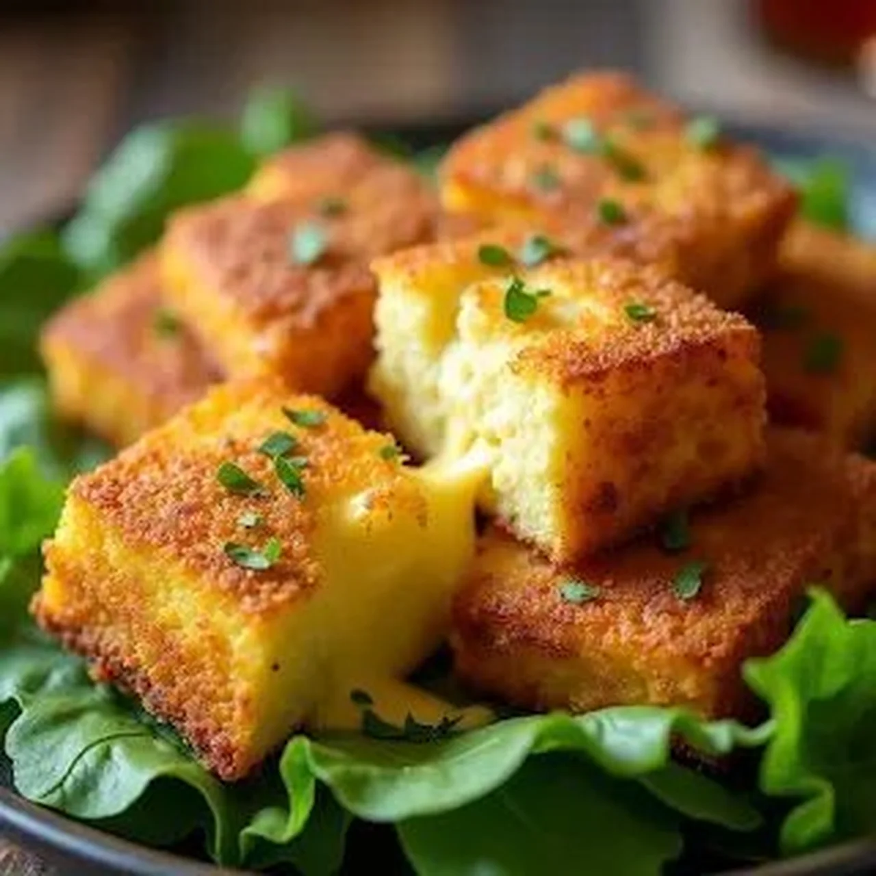 Polenta à la fondue au fromage, panée et frite