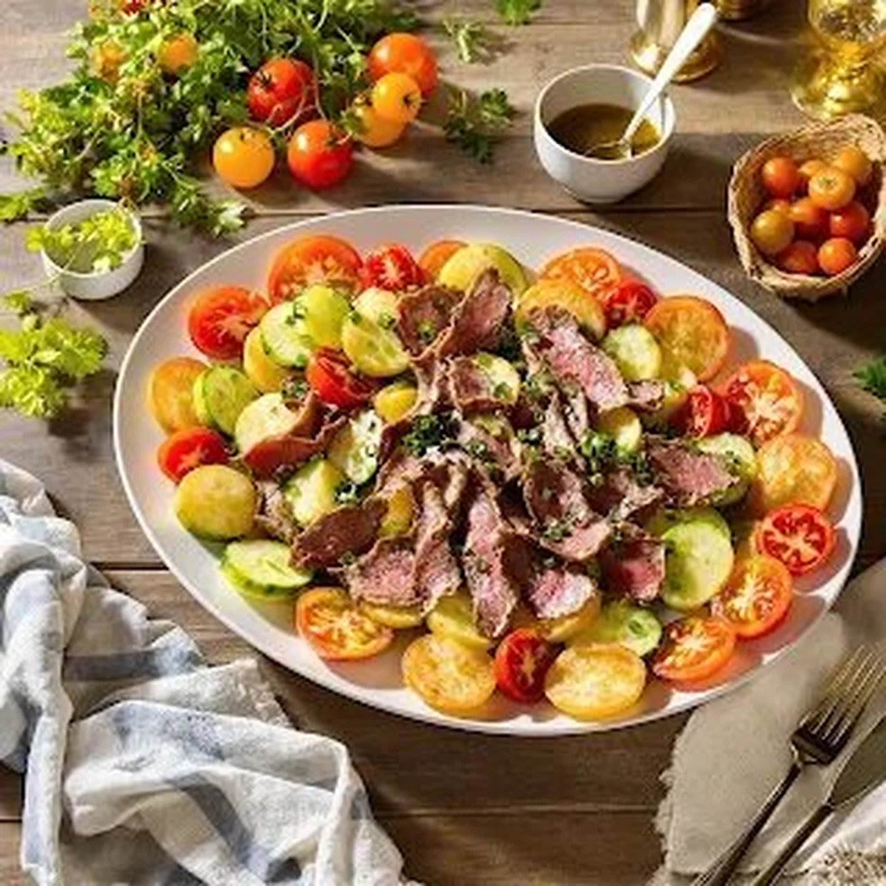 Salade de bœuf, pommes de terre et concombre provençale