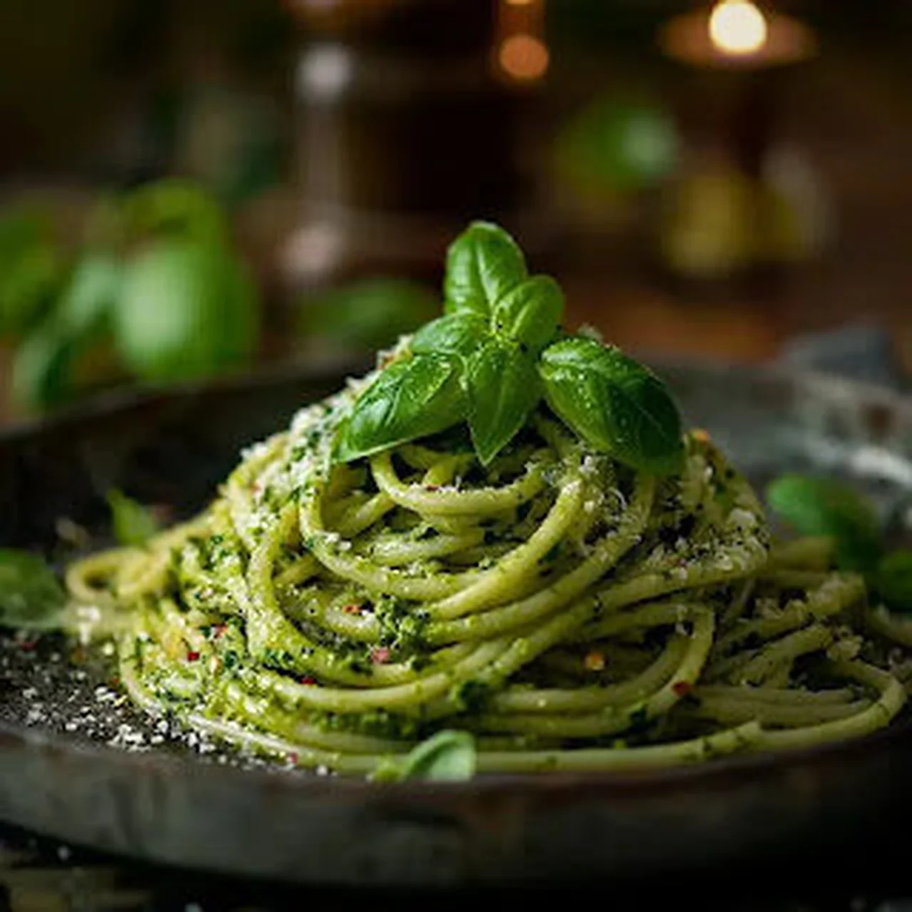 Spaghettis au pesto d'orties, noix et tomates séchées