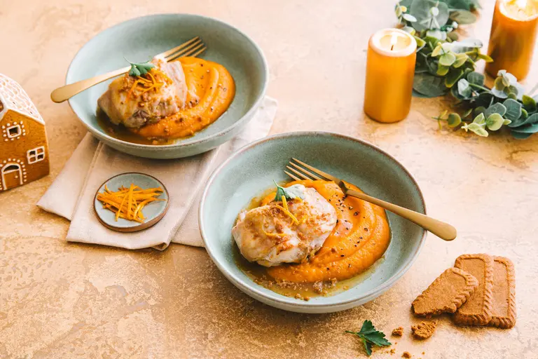 Demi-râbles de lapin, sauce orange et spéculoos