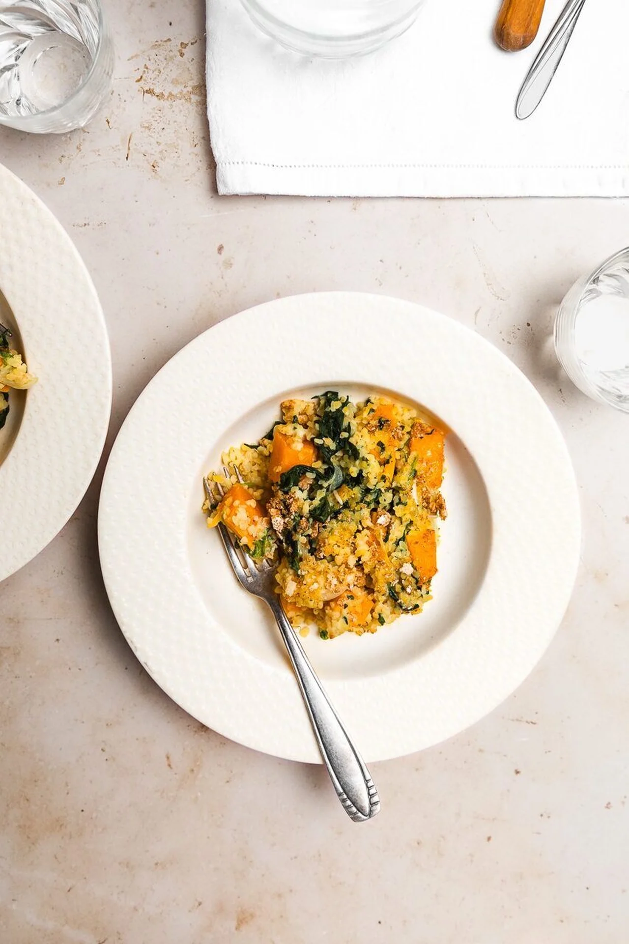 Gratin de boulgour, épinards et courge butternut