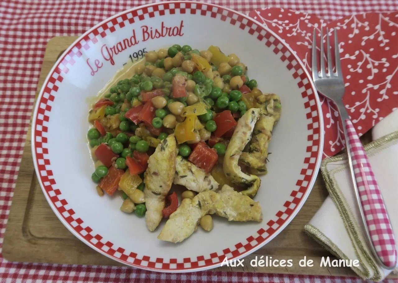 Blanc de poulet aux pois chiches et poivron à la crème curry