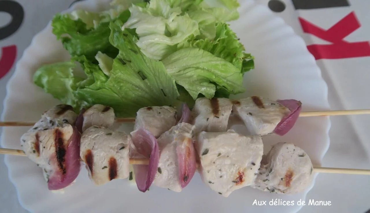Brochettes de dinde et oignon rouge marinées au lait de coco