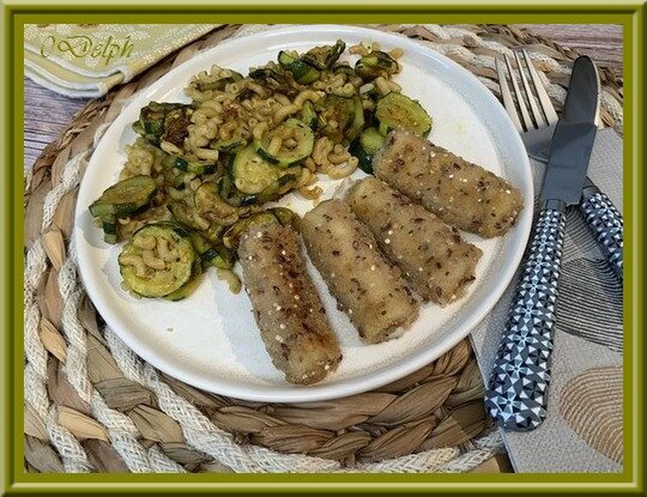 Courgettes, pâtes complètes et croustis de chèvres