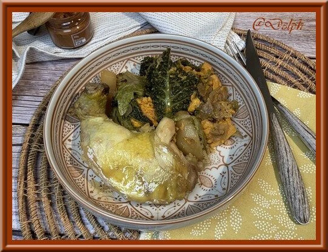 Cuisses de poulet, patate douce et chou vert