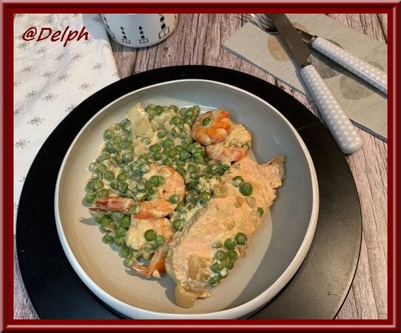 Curry de petits pois au saumon et gambas