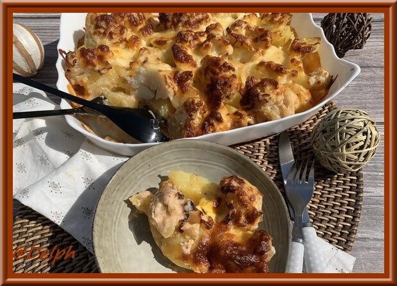 Gratin de pommes de terre, chou-fleur et œufs durs