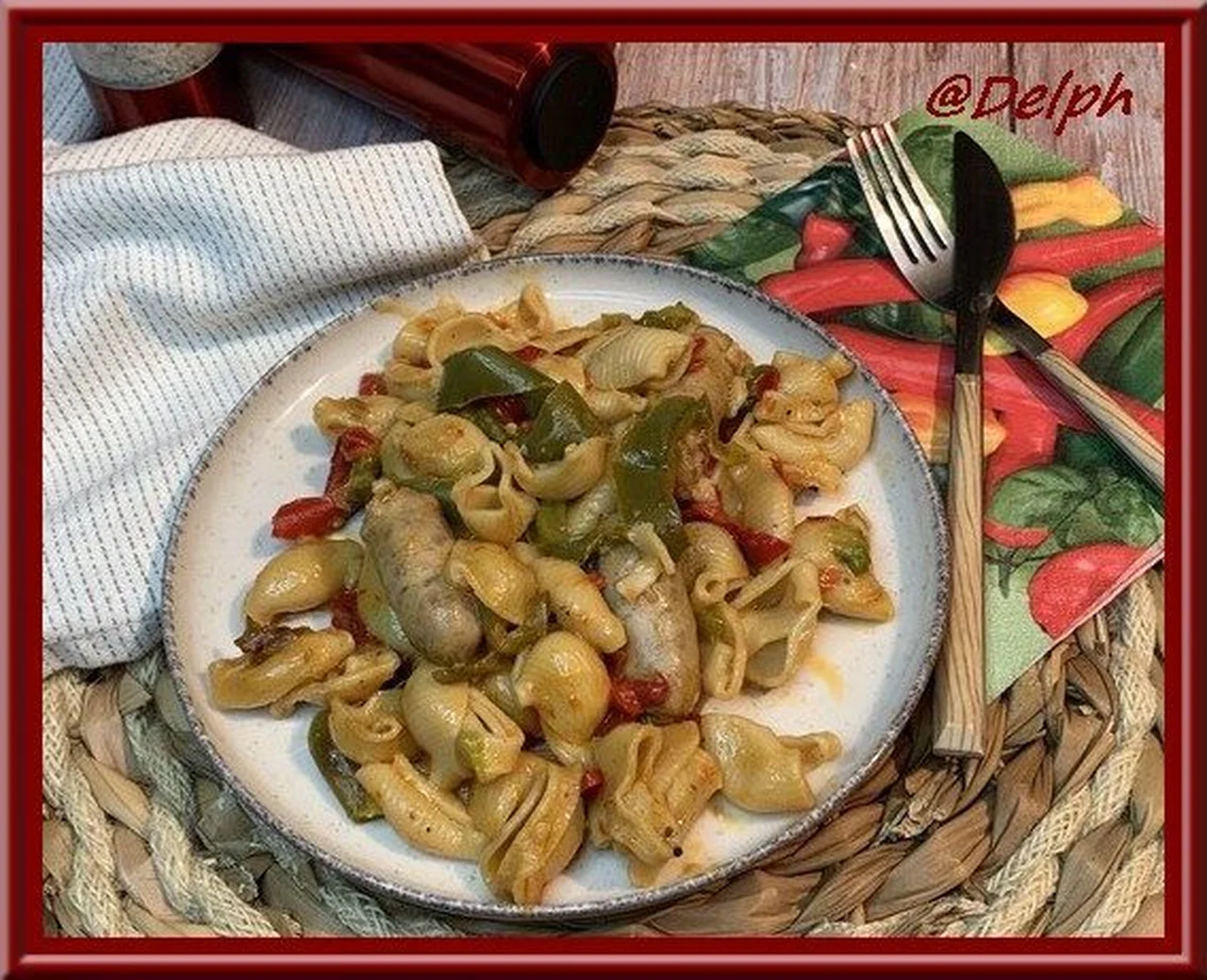 Pâtes aux poivrons, chipolatas et pesto rosso