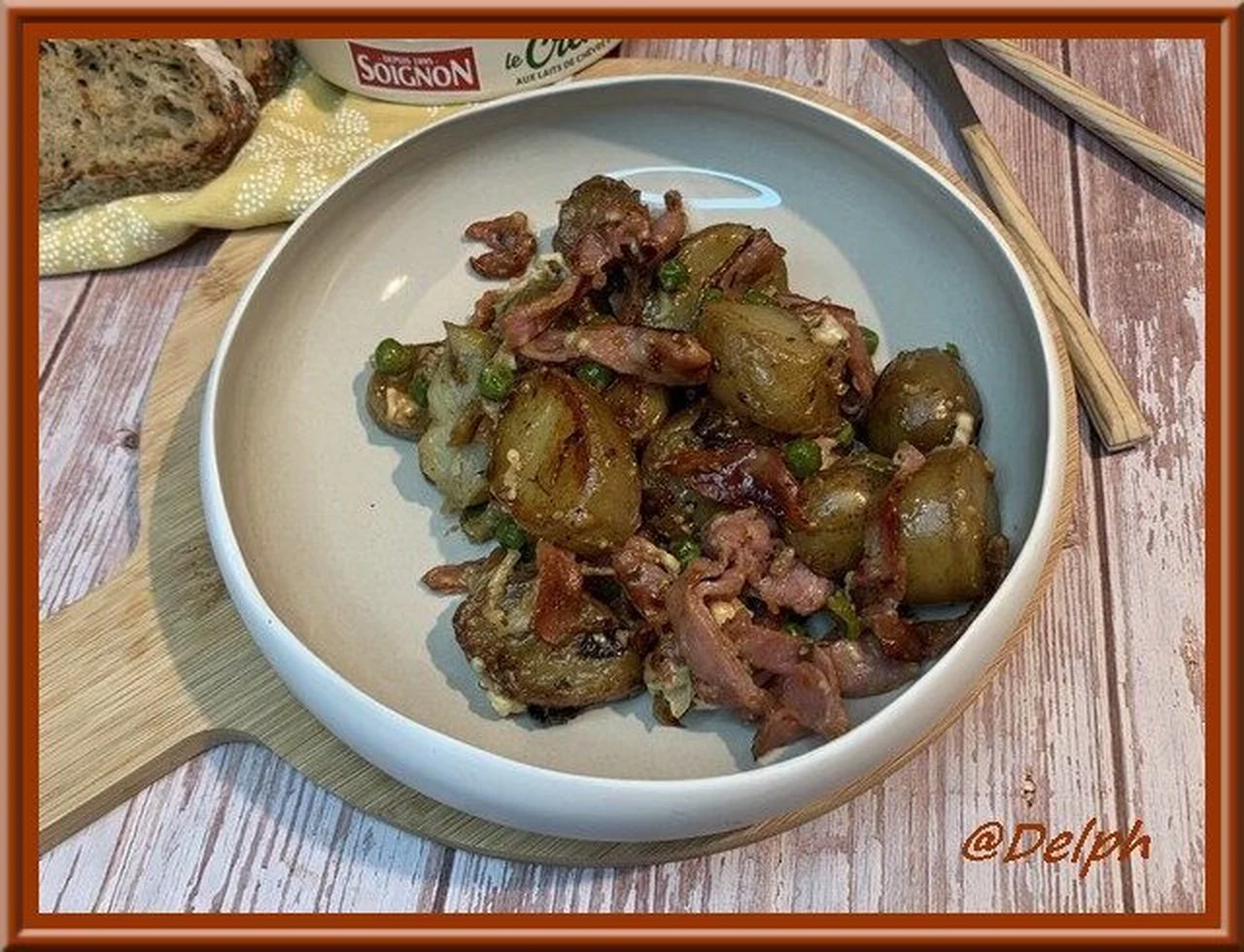 Poêlée grenaille, petits pois, bacon et chèvre