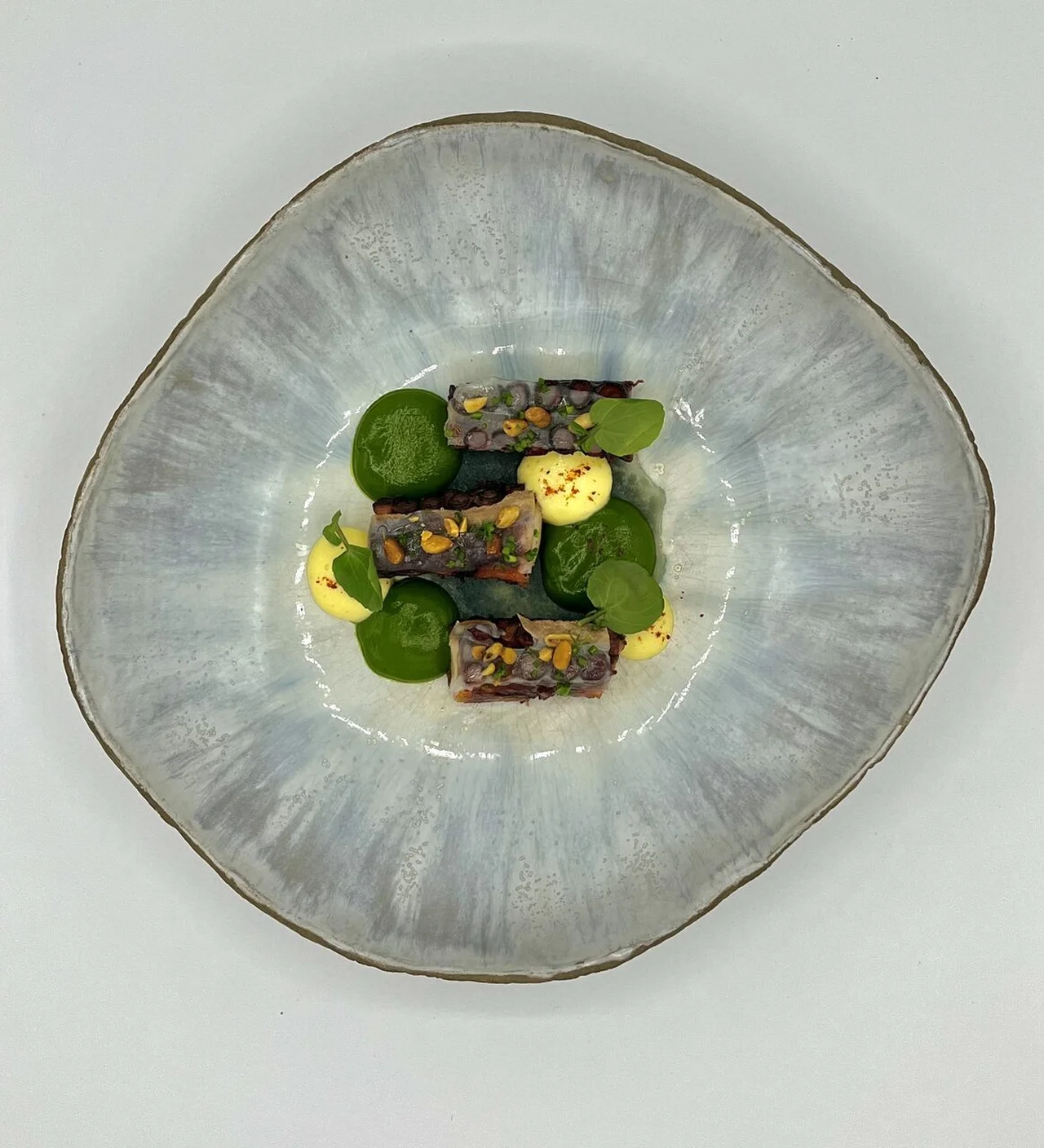 Poulpe en cocotte, sabayon sureau et jus racines