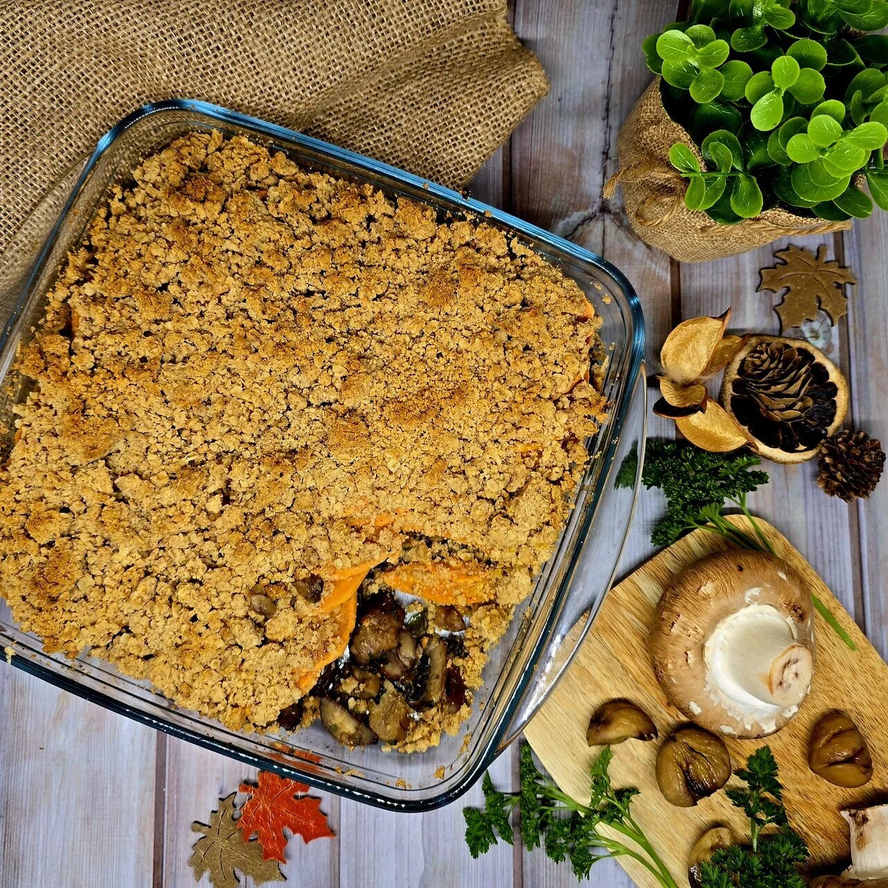 Crumble champignons, châtaignes et patates douces