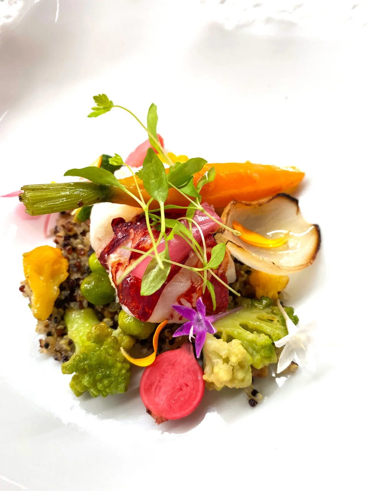 Homard breton, sarrasin, légumes, bouillon acidulé