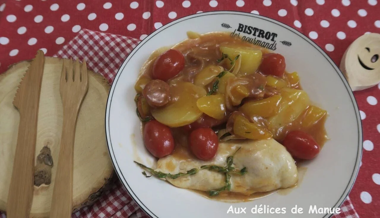 Marmite de poulet au poivron et pommes de terre au chorizo