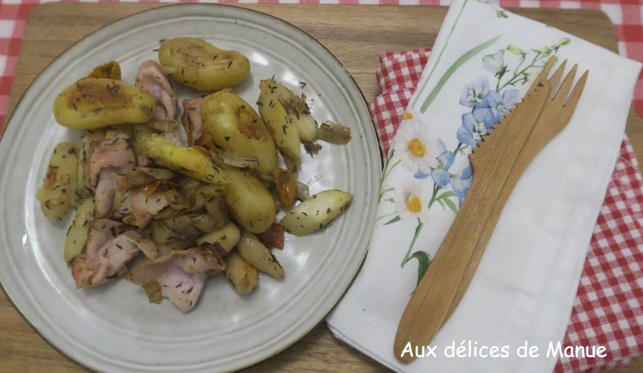 Poêlée asperges blanches, pommes de terre nouvelles au bacon