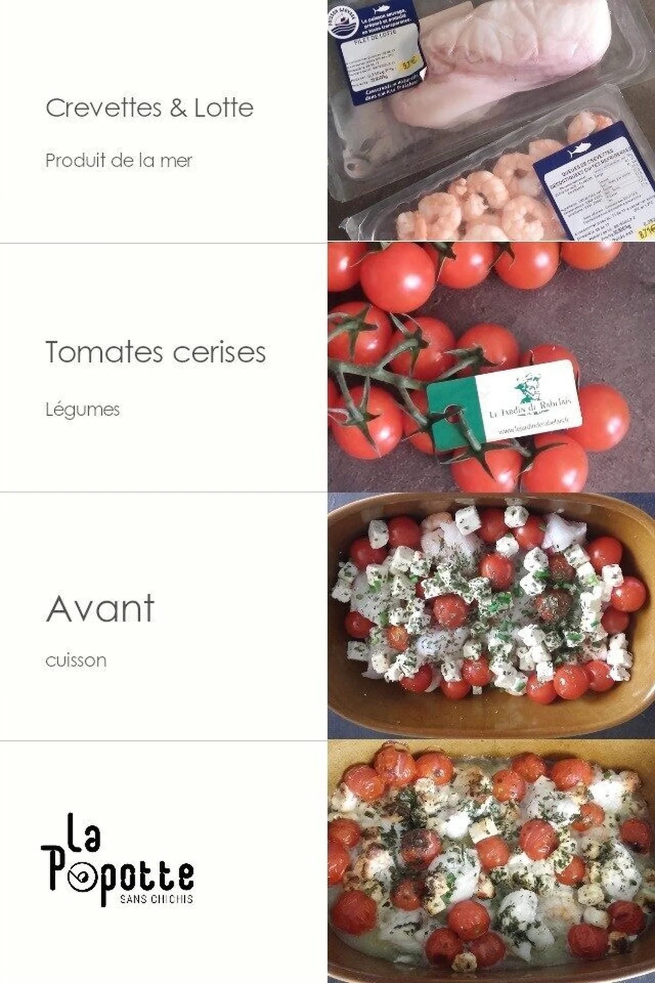 Crevettes et lotte à l'ail, feta et tomates