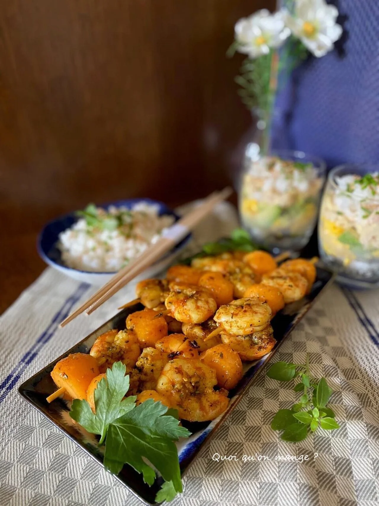Brochettes de gambas et melon