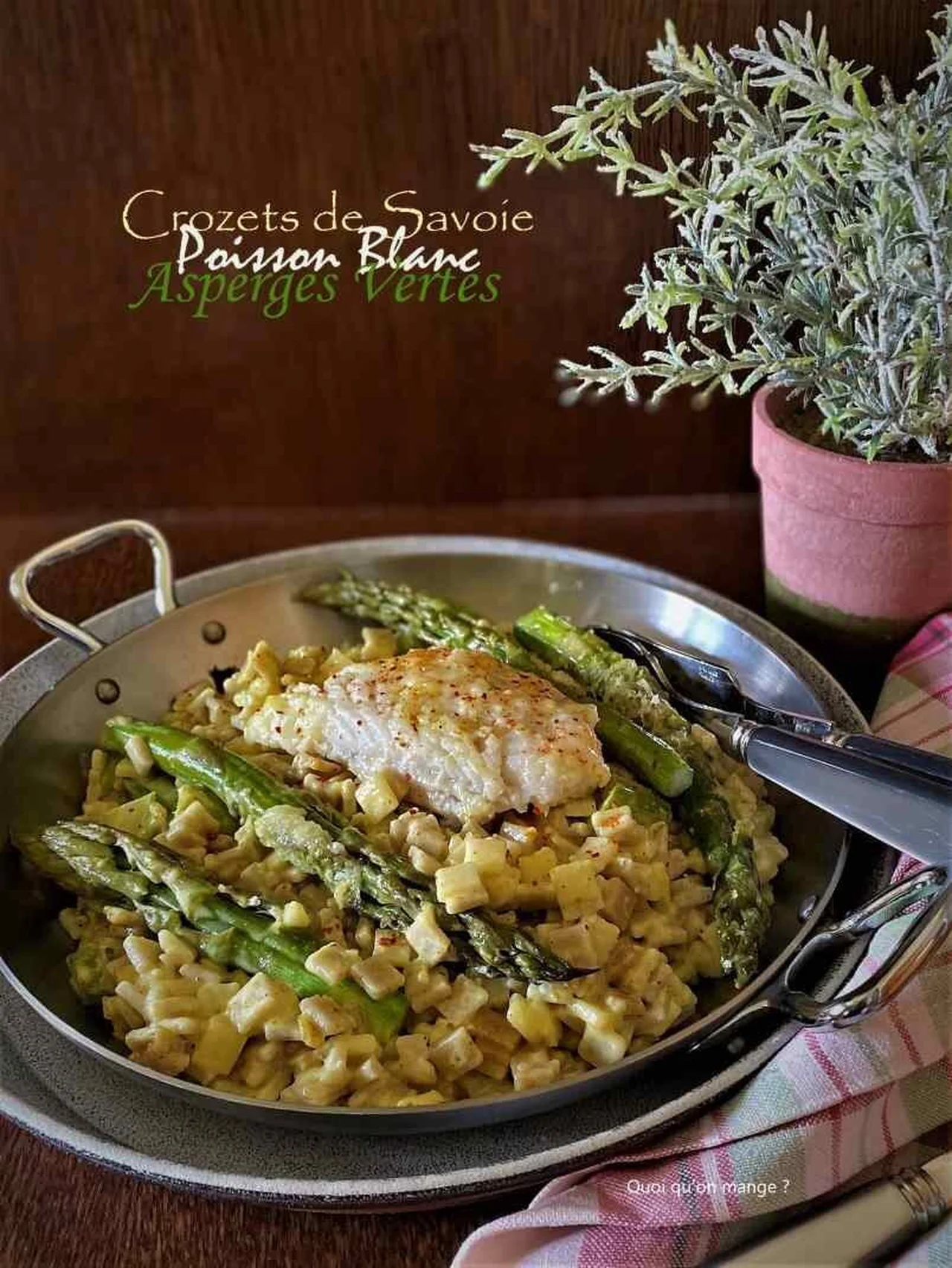 Crozets de Savoie crémeux aux asperges et poisson blanc