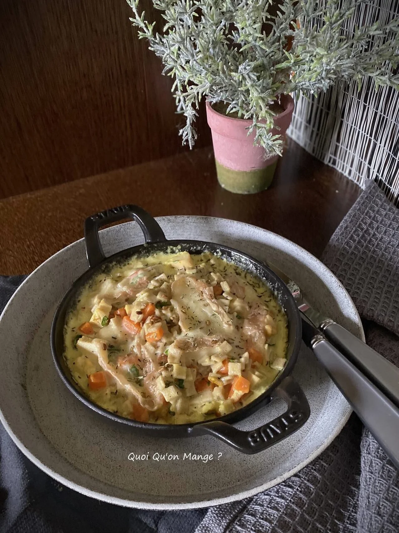 Gratin de crozets et carottes, sauce fromagère