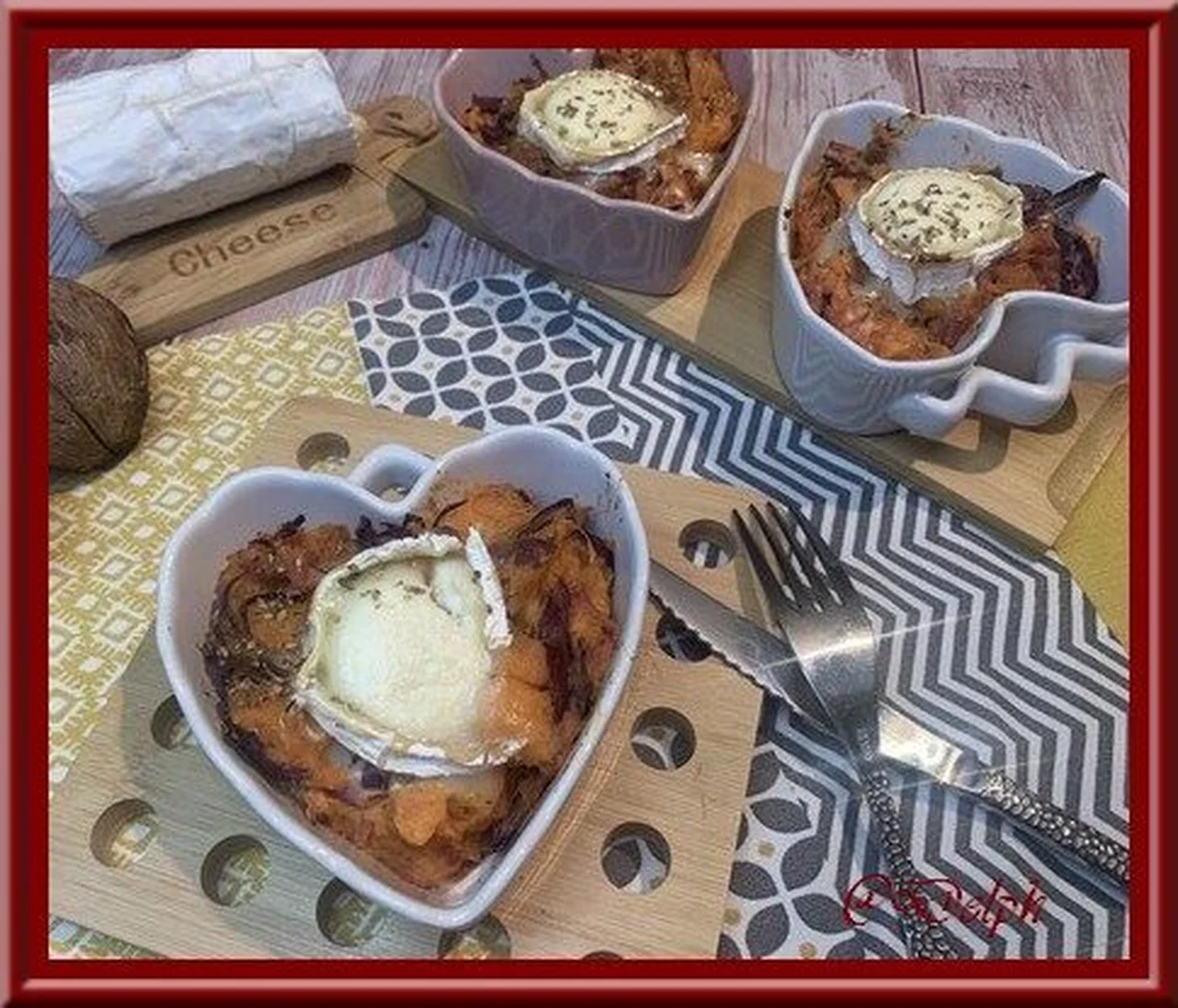 Gratin de patate douce, oignons rouges et chèvre