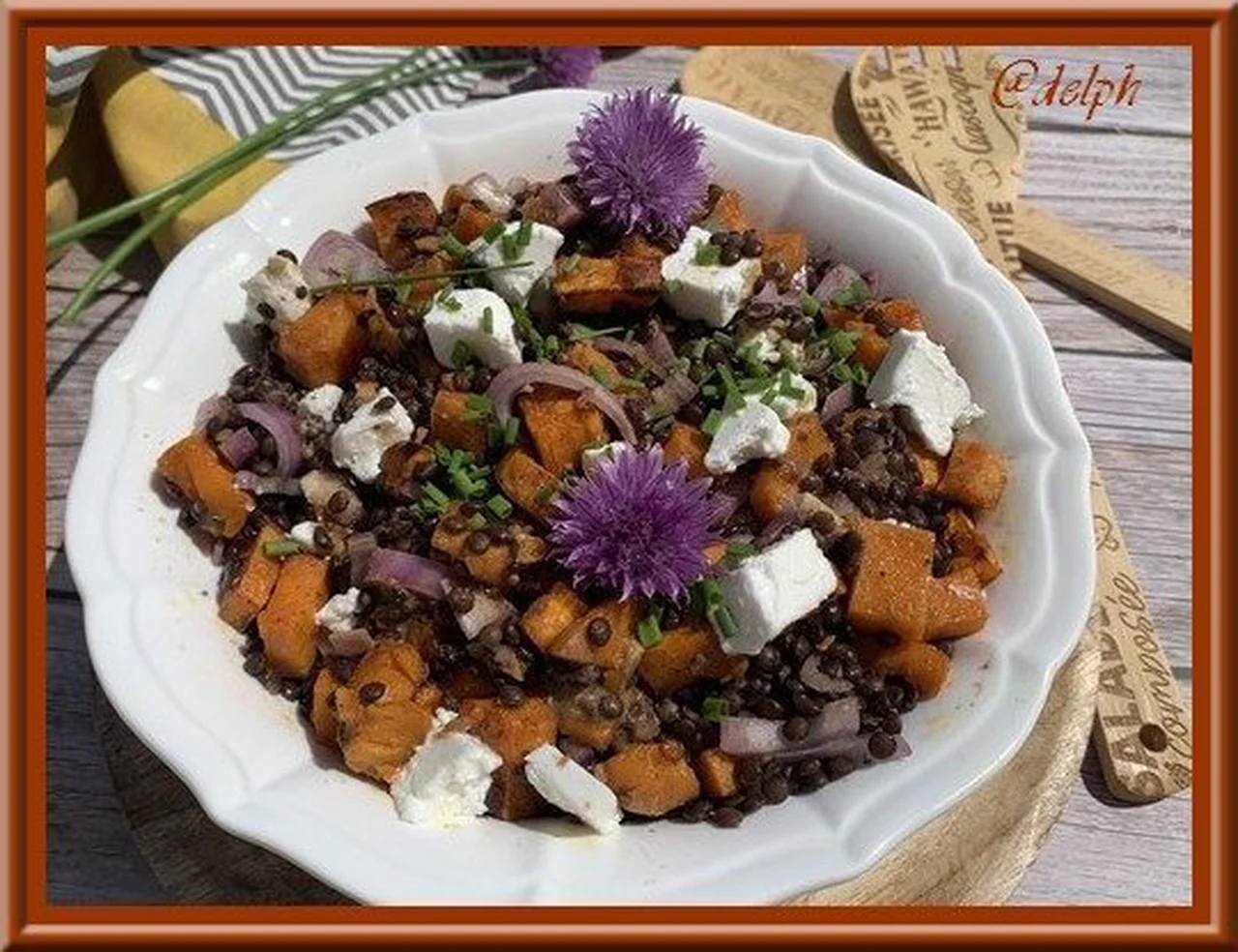 Salade de lentilles, patate douce et chèvre frais